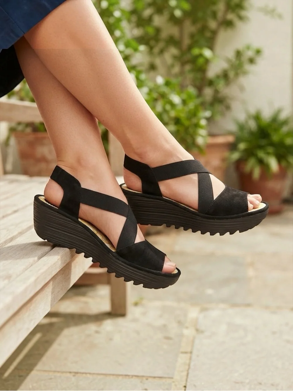 Fly London Yaji888fly Black Leather Crisscross Elastic Wedge Sandals Sz 35 US 5
